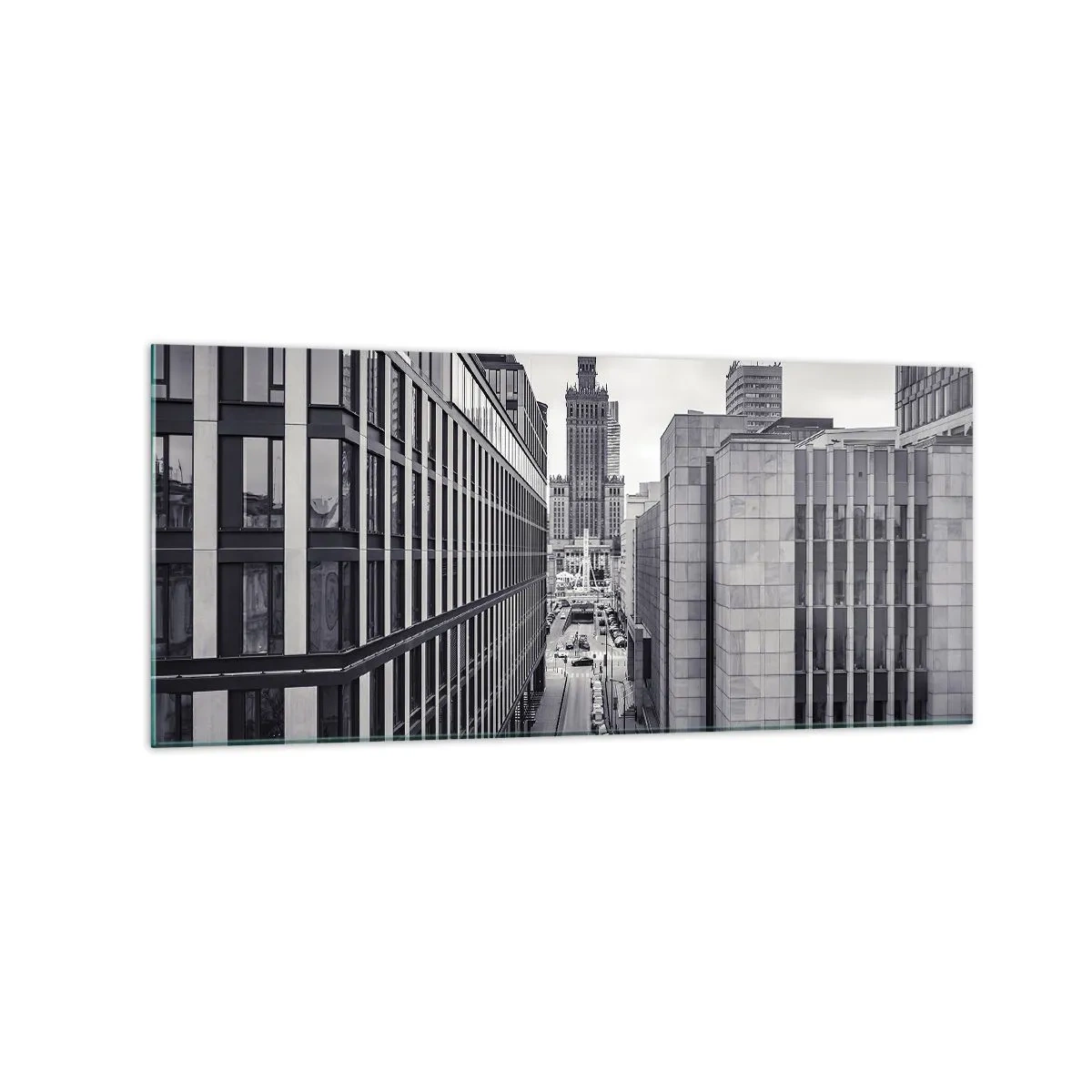 Glasbild - Bild auf glas - Panorama von Warschau mit Blick auf den Kulturpalast und die umliegenden Gebäude - 120x50cm - Warschauer Tal - Moderne Wanddekoration für Wohnzimmer und Schlafzimmer ARTTOR