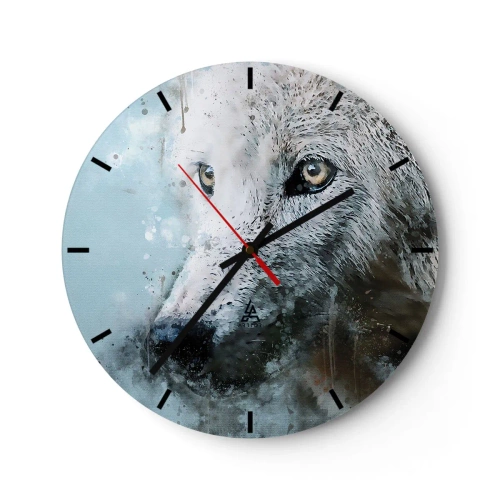 Wanduhr - Glasuhr - Ein Porträt eines Wolfes im Aquarellstil vor blauem Hintergrund. - 30x30cm - Lerne die Wolfsseele kennen - Moderne Wanddekoration für Wohnzimmer, Küche und Schlafzimmer ARTTOR