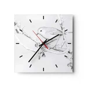 Wanduhr - Glasuhr - Vogel auf einem Ast in Schwarz-Weiß im minimalistischen Stil - 30x30cm - Wintermorgen - Moderne Wanddekoration für Wohnzimmer und Schlafzimmer ARTTOR