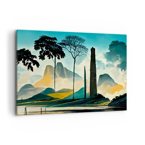 Bild auf Leinwand - Leinwandbild - Eine malerische Landschaft mit Bäumen und Bergen im Hintergrund - 120x80cm - Immer höher und höher - Moderne Wanddekoration für Wohnzimmer und Schlafzimmer ARTTOR