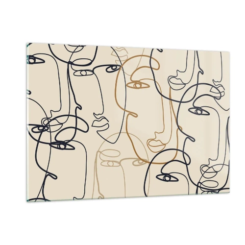 Glasbild - Bild auf glas - Konturierte Gesichter in einem Strich auf Beige gezeichnet - 120x80cm - Das Porträt wird multipliziert - Moderne Wanddekoration für Wohnzimmer und Schlafzimmer ARTTOR