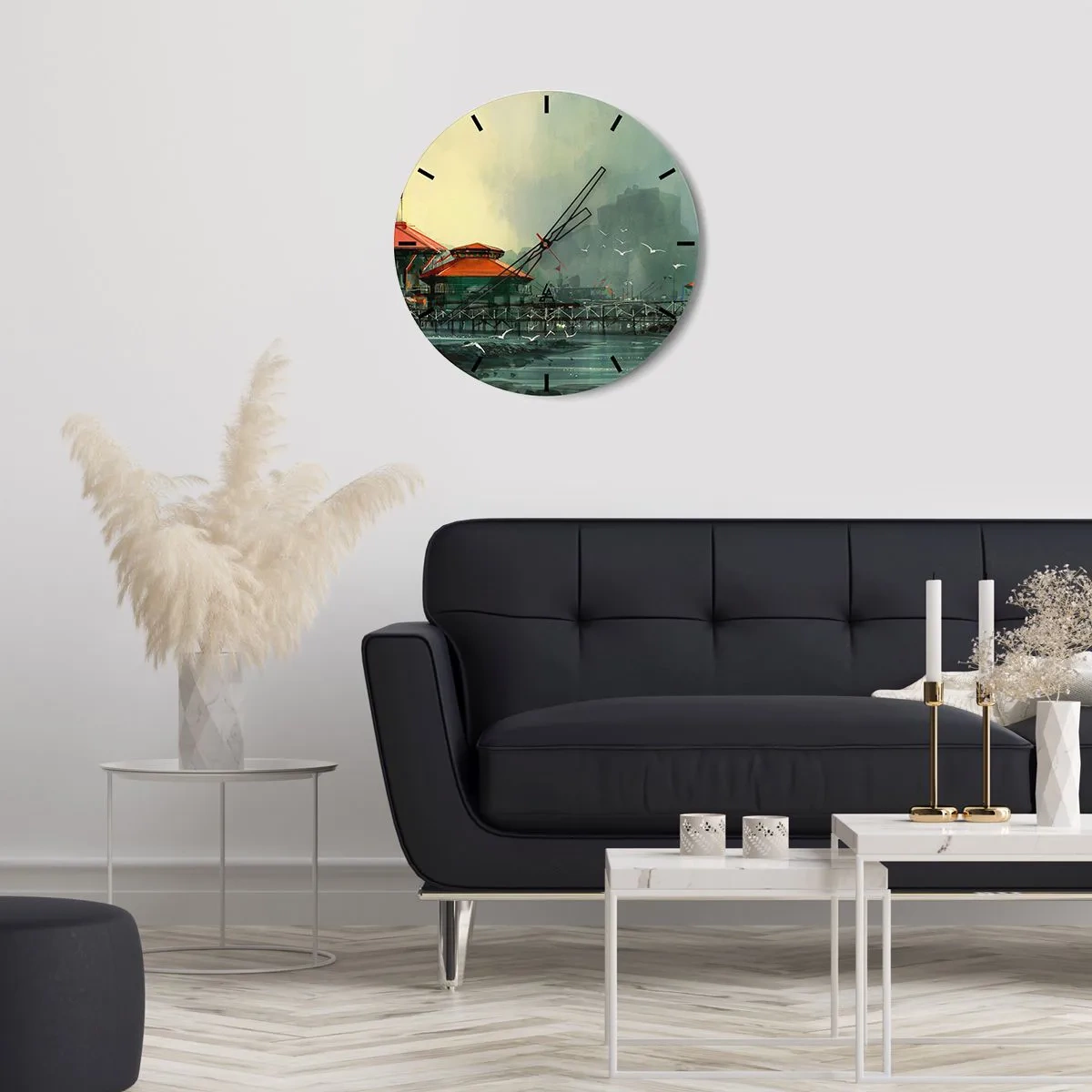 Wanduhr - Glasuhr - Ein sonniger Tag im Hafen - 40x40 cm