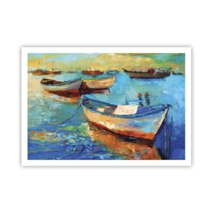 Poster - Bunte Boote vertäut auf ruhigem Wasser - 100x70cm - In der südlichen Bucht - Moderne Wanddekoration für Wohnzimmer und Schlafzimmer ARTTOR