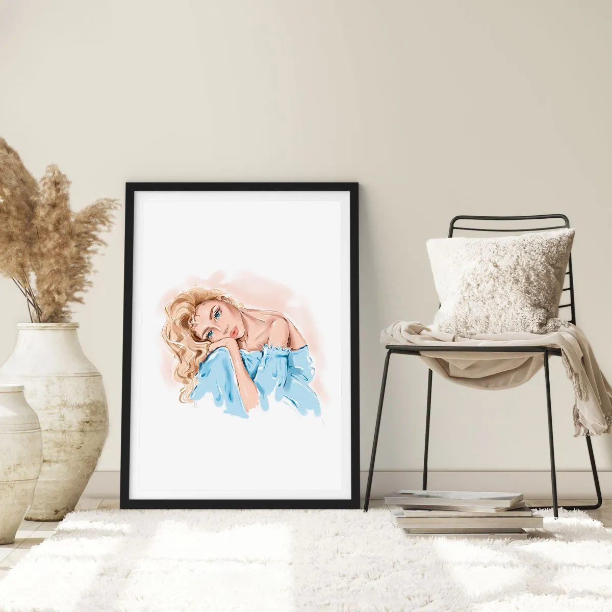 Poster in einem schwarzem Rahmen - Ein subtiles Frauenporträt in zarten Farben - 50x70cm - Verträumt im Blau - Moderne Wanddekoration für Wohnzimmer und Schlafzimmer ARTTOR