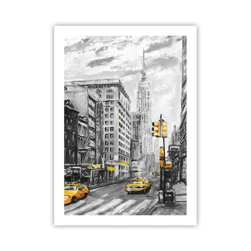 Poster - Eine New Yorker Straße mit gelben Taxis im Hintergrund - 50x70cm - Eine New Yorker Geschichte - Moderne Wanddekoration für Wohnzimmer und Schlafzimmer ARTTOR