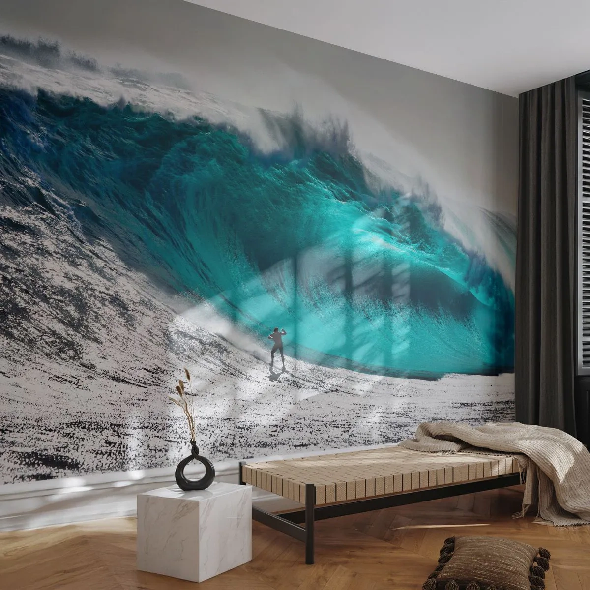Fototapete Premium Sand - Herausforderung angenommen - Surfen, Hohe Welle, Surfer - 500x350 cm