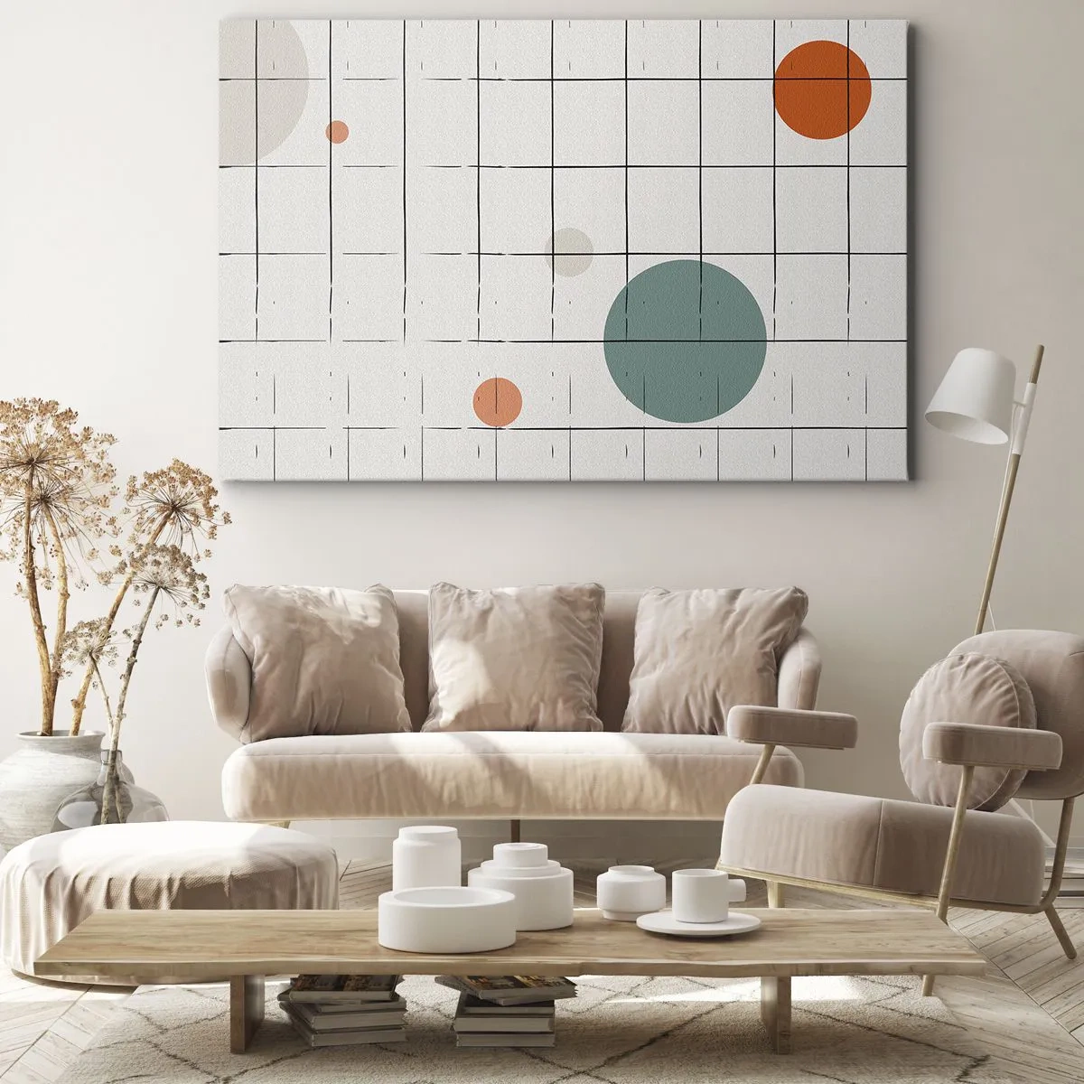 Bild auf Leinwand - Leinwandbild - Abstrakte farbige Kreise auf einem geometrischen Gitterhintergrund - 70x50cm - Gefangen. Wir oder sie? - Moderne Wanddekoration für Wohnzimmer und Schlafzimmer ARTTOR