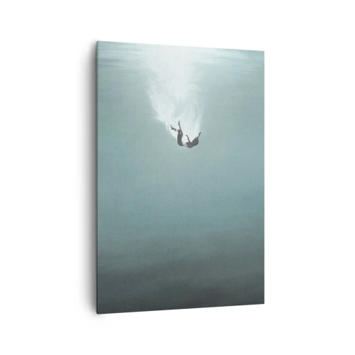 Bild auf Leinwand - Leinwandbild - Eine Figur, eingetaucht in tiefes, türkisfarbenes Wasser - 70x100cm - In den Armen des Ozeans - Moderne Wanddekoration für Wohnzimmer und Schlafzimmer ARTTOR