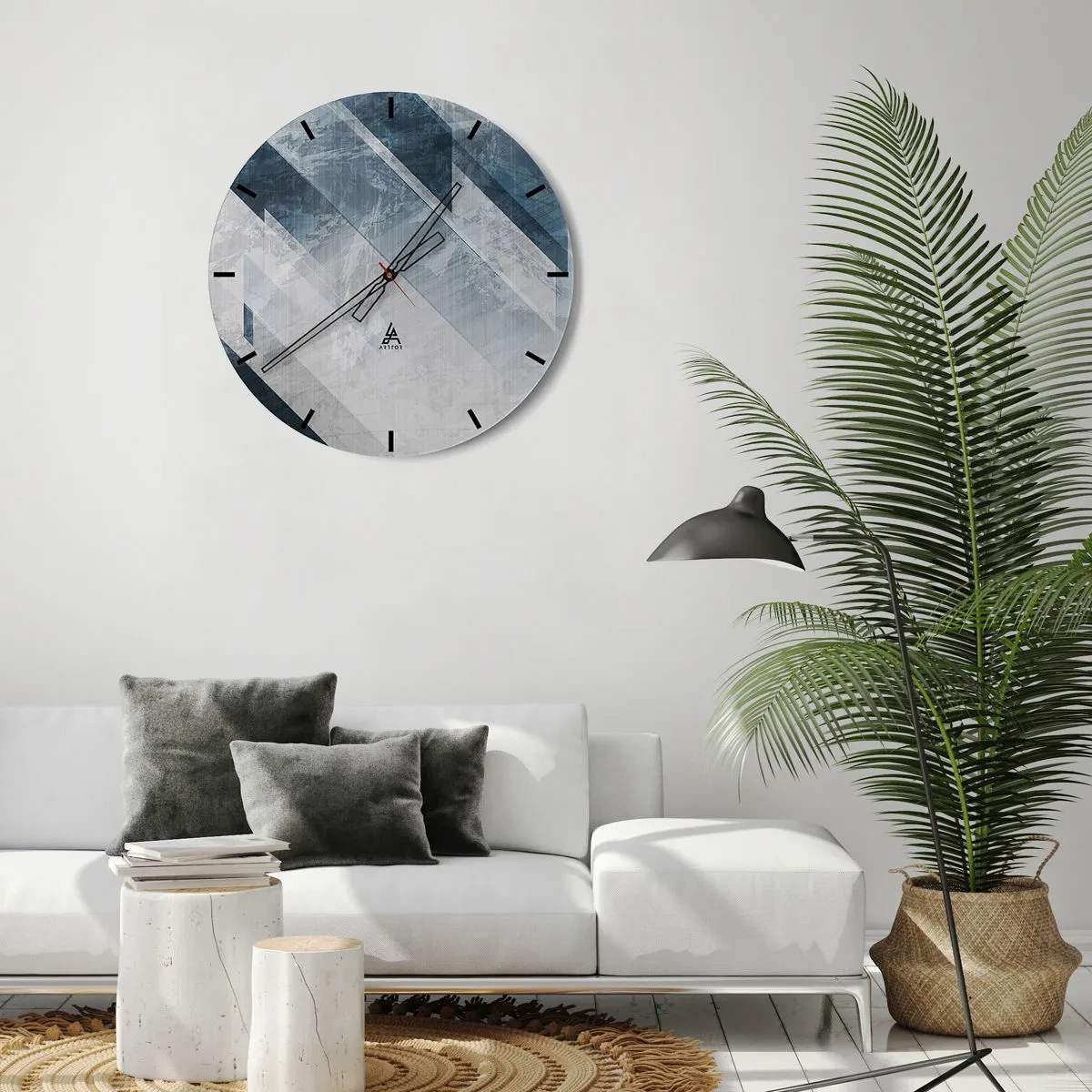 Wanduhr - Glasuhr - Geometrische Streifen in Grau- und Marineblautönen erzeugen Tiefe - 30x30cm - Räumliche Komposition - graue Bewegung - Moderne Wanddekoration für Wohnzimmer, Küche und Schlafzimmer ARTTOR