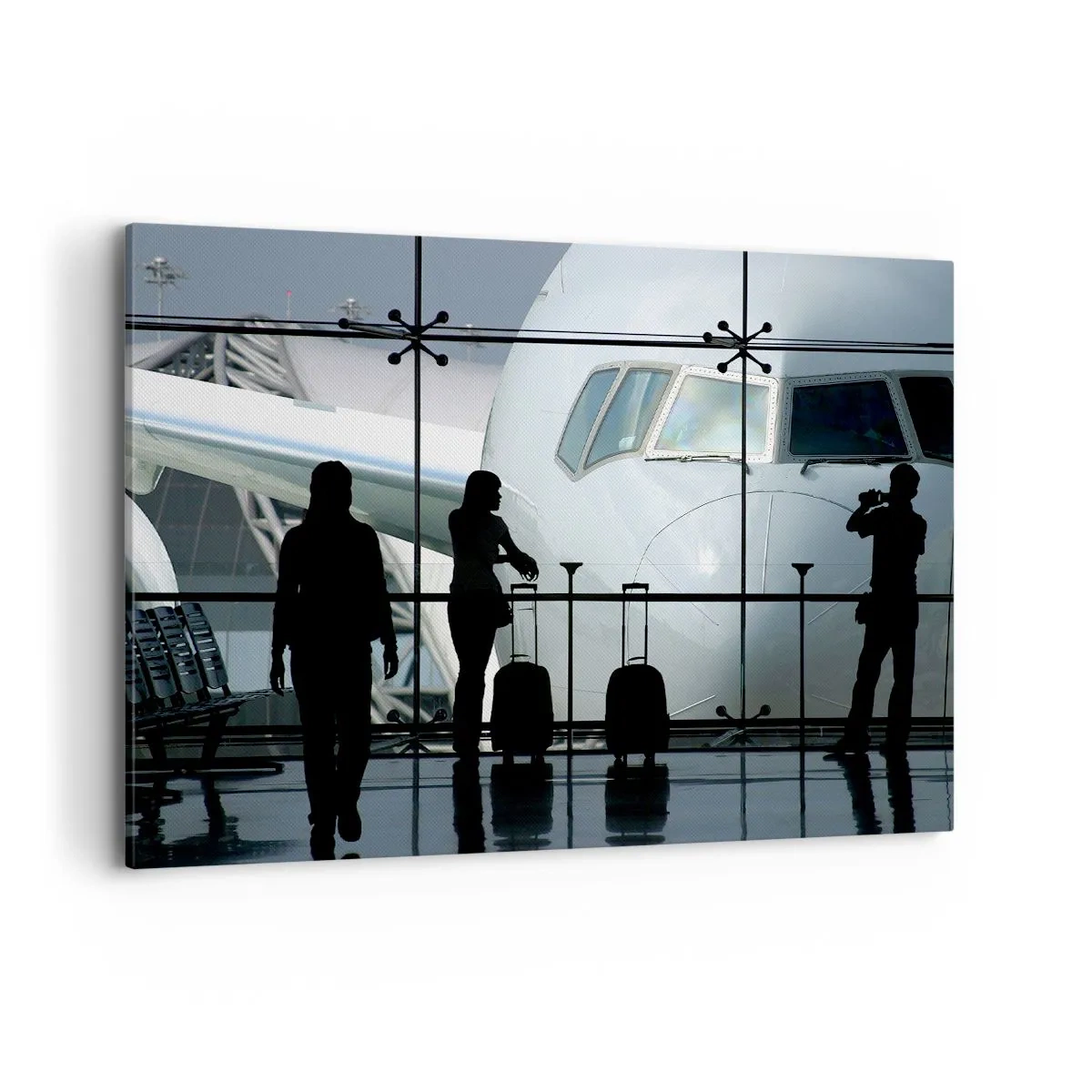 Bild auf Leinwand - Leinwandbild - Flughafen mit Silhouetten von Menschen und Blick auf das Flugzeug - 100x70cm - Vis a vis am Flughafen - Moderne Wanddekoration für Wohnzimmer und Schlafzimmer ARTTOR
