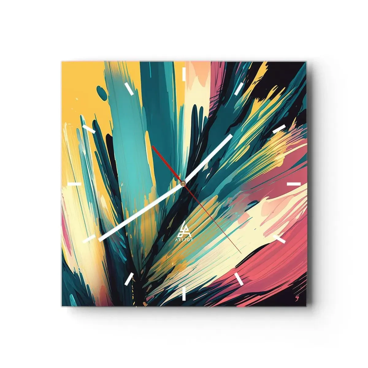 Wanduhr - Glasuhr - Eine abstrakte Komposition in intensiven und kontrastreichen Farben. - 30x30cm - Komposition – eine Explosion der Freude - Moderne Wanddekoration für Wohnzimmer und Schlafzimmer ARTTOR
