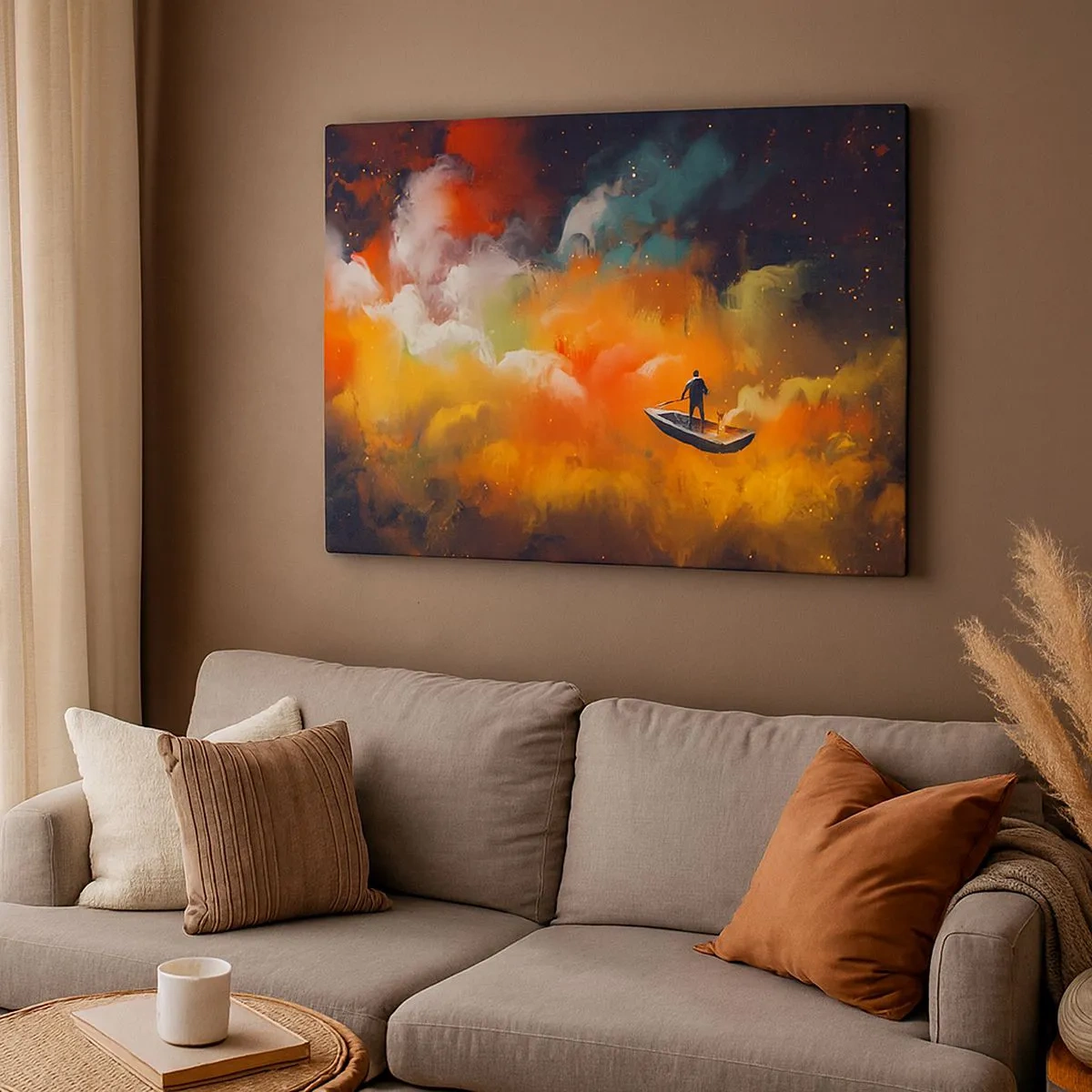 Bild auf Leinwand - Leinwandbild - Eine Figur in einem Boot vor einem Hintergrund aus bunten Wolken - 70x50cm - Mit dem Boot durch die Galaxie - Moderne Wanddekoration für Wohnzimmer und Schlafzimmer ARTTOR