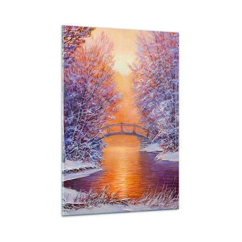 Glasbild - Bild auf glas - Winterlandschaft mit Brücke und Sonnenuntergang - 80x120cm - Treffen wir uns hier - Moderne Wanddekoration für Wohnzimmer und Schlafzimmer ARTTOR