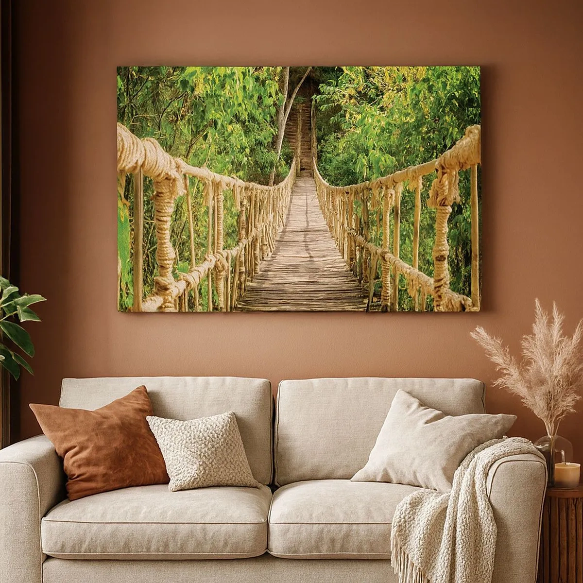 Bild auf Leinwand - Leinwandbild - Eine Hängebrücke in einem tropischen Wald voller Grün - 70x50cm - Im Grünen ausgesetzt - Moderne Wanddekoration für Wohnzimmer und Schlafzimmer ARTTOR