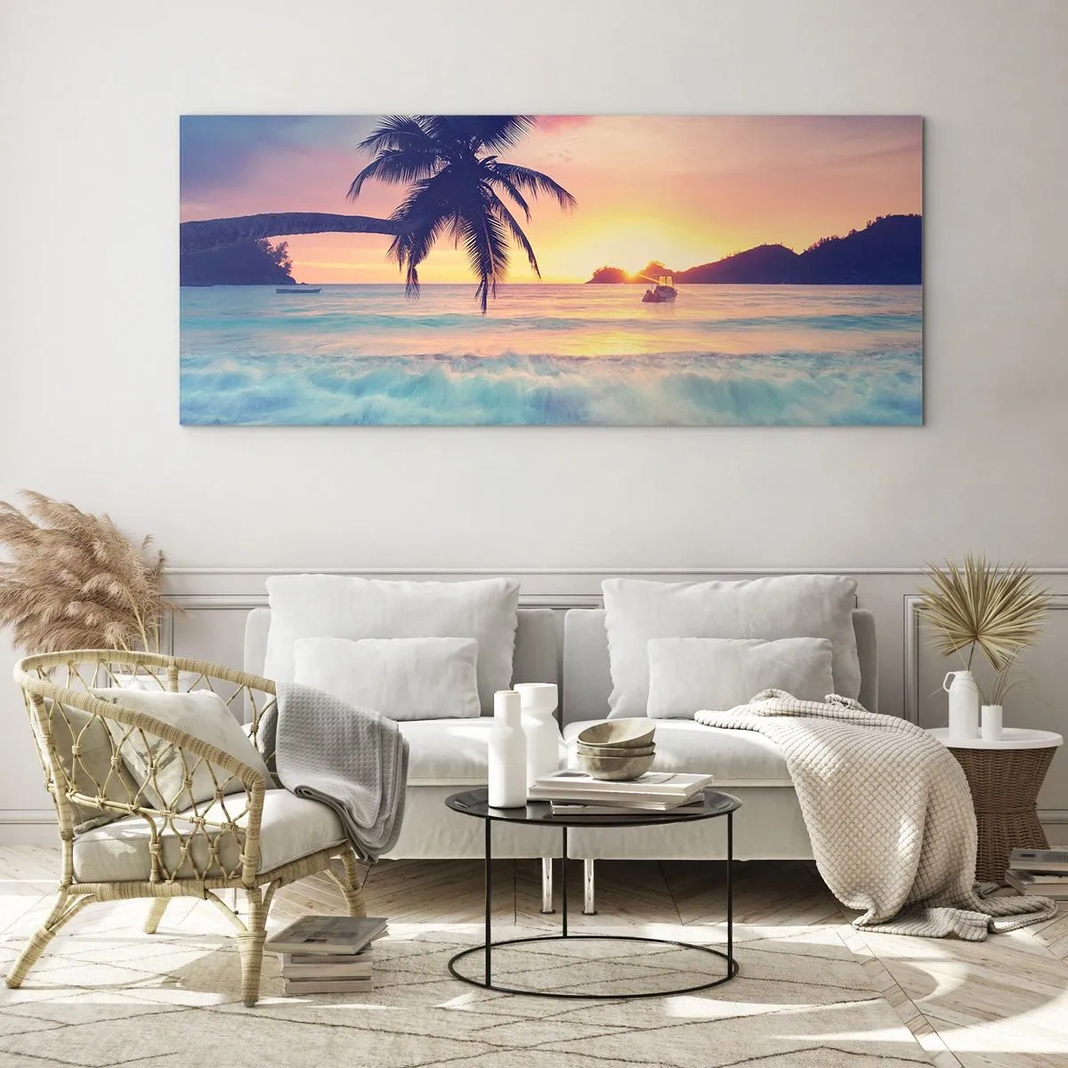 Glasbild - Bild auf glas - Strand mit Palmen und Sonnenuntergang über dem Meer - 140x50cm - Ein Abend in der Bucht - Moderne Wanddekoration für Wohnzimmer und Schlafzimmer ARTTOR