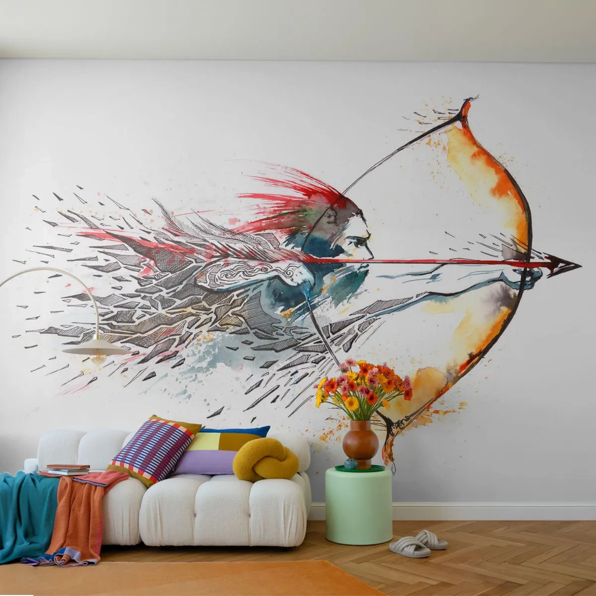 Fototapete Premium Sand - Bogenschütze in einer dynamischen Aquarellillustration - 100x70cm - Mythischer Krieger mit feurigem Bogen - Moderne Wanddekoration für Wohnzimmer und Schlafzimmer ARTTOR