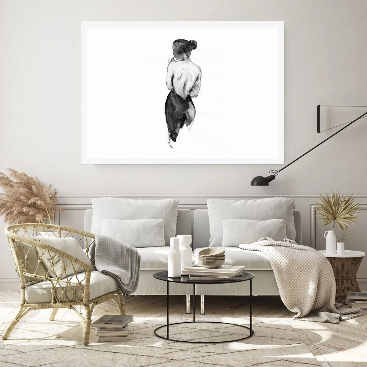 Poster - Die Figur einer Frau, eingefangen in subtilem Aquarell - 100x70cm - Bei ihr verschwindet die Welt - Moderne Wanddekoration für Wohnzimmer und Schlafzimmer ARTTOR