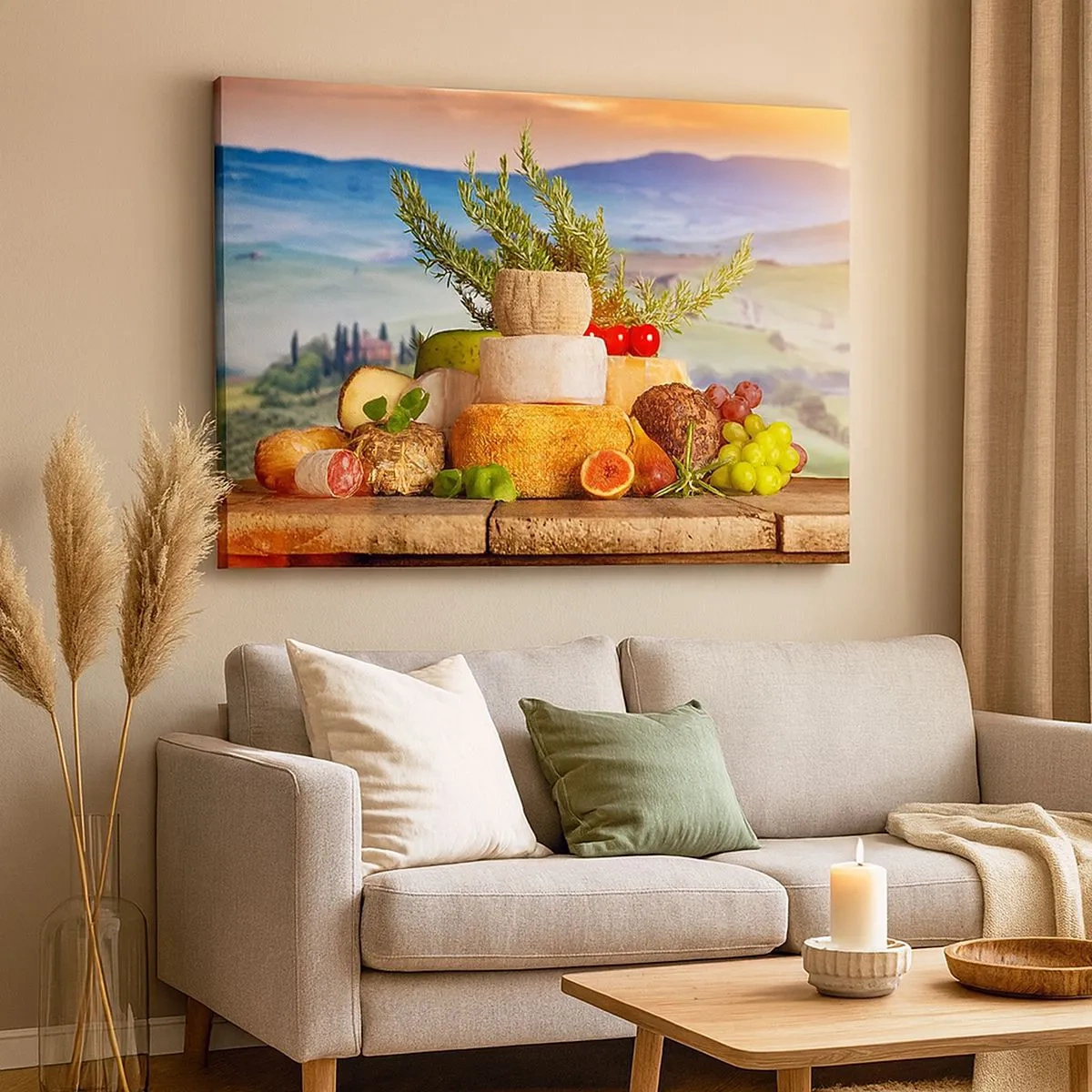 Bild auf Leinwand - Leinwandbild - Eine Komposition aus Käse und Früchten vor der Kulisse der toskanischen Landschaft - 70x50cm - Die italienische Lebensfreude - Moderne Wanddekoration für Wohnzimmer und Schlafzimmer ARTTOR