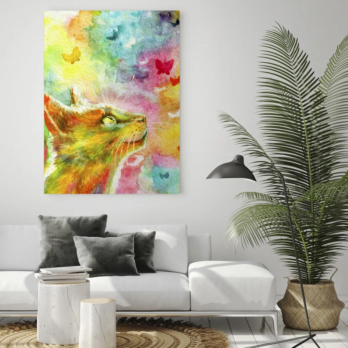 Glasbild - Bild auf glas - Eine Katze beobachtet bunte Schmetterlinge vor einem pastellfarbenen Hintergrund. - 50x70cm - Baju-baju im Katzenparadies - Moderne Wanddekoration für Wohnzimmer und Schlafzimmer ARTTOR