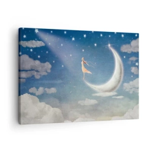Bild auf Leinwand - Leinwandbild - Eine Frau im Mond, umgeben von Sternen und Wolken - 70x50cm - Blauer Freier - Moderne Wanddekoration für Wohnzimmer und Schlafzimmer ARTTOR