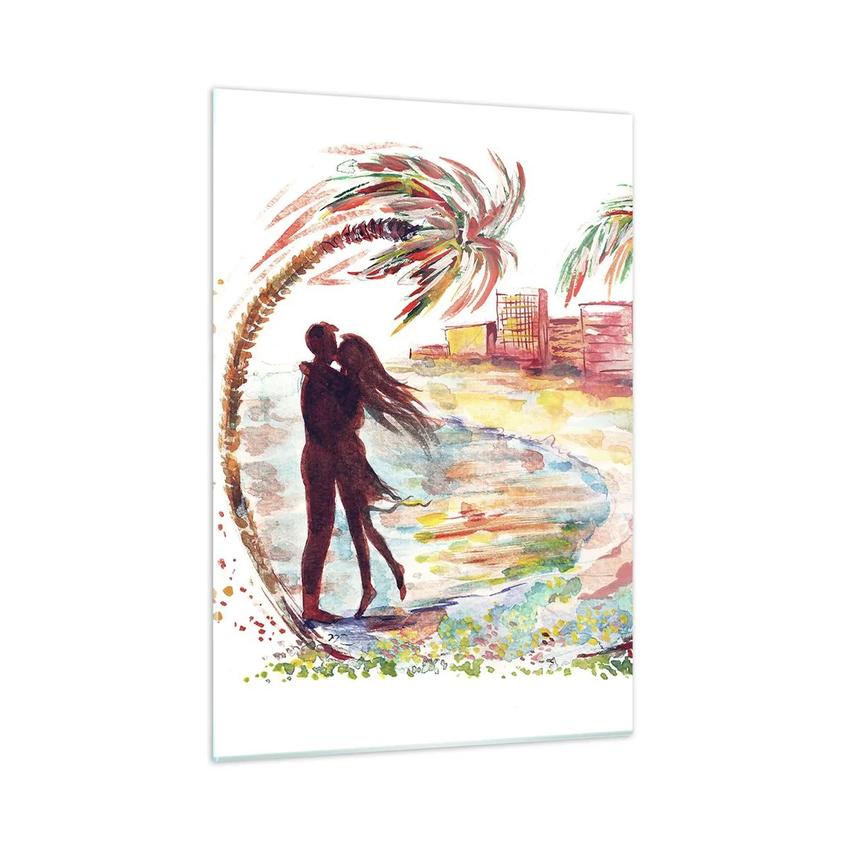 Glasbild - Bild auf glas - Romantisches Paar in tropischer Umgebung mit Palmen - 50x70cm - Romantischer Urlaub - Moderne Wanddekoration für Wohnzimmer und Schlafzimmer ARTTOR