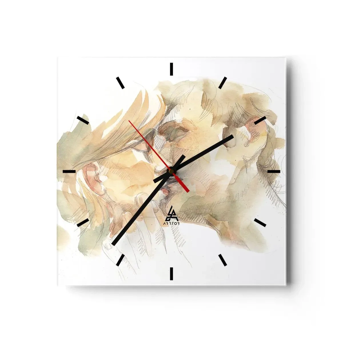 Wanduhr - Glasuhr - Romantisches Aquarellporträt eines sich küssenden Paares - 30x30cm - Hälfte gefunden? - Moderne Wanddekoration für Wohnzimmer und Schlafzimmer ARTTOR