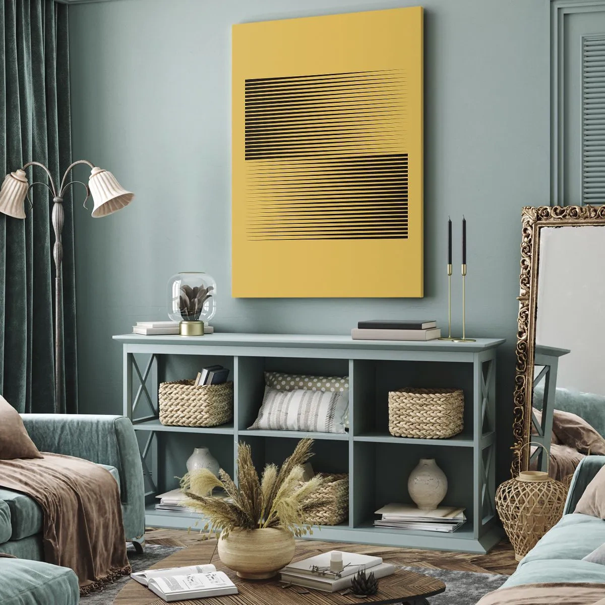 Bild auf Leinwand - Leinwandbild - Vertikale schwarze Linien auf gelbem Hintergrund - 50x70cm - Quadratur der Gegensätze - Moderne Wanddekoration für Wohnzimmer und Schlafzimmer ARTTOR