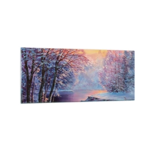 Glasbild - Bild auf glas - Winterlandschaft mit Fluss und Bäumen bei Sonnenaufgang - 120x50cm - Die Farben des Winters - Moderne Wanddekoration für Wohnzimmer und Schlafzimmer ARTTOR