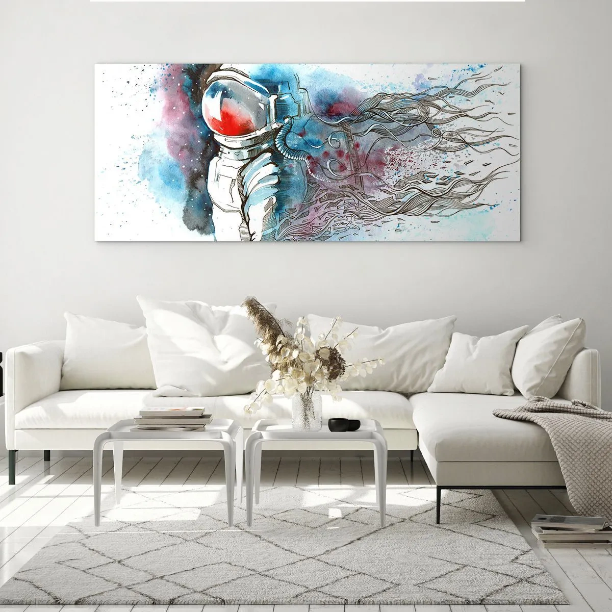 Glasbild - Bild auf glas - Ein Kosmonaut in einem dynamischen Aquarell mit kosmischen Details - 160x50cm - Allein mit Platz - Moderne Wanddekoration für Wohnzimmer und Schlafzimmer ARTTOR