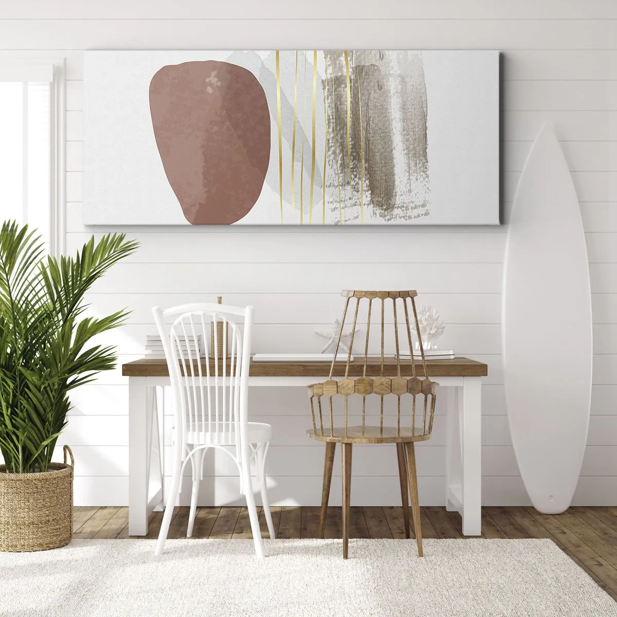 Bild auf Leinwand - Leinwandbild - Abstrakte Komposition in Beige- und Goldtönen - 160x50cm - Abstrakte Kolonnade - Moderne Wanddekoration für Wohnzimmer und Schlafzimmer ARTTOR