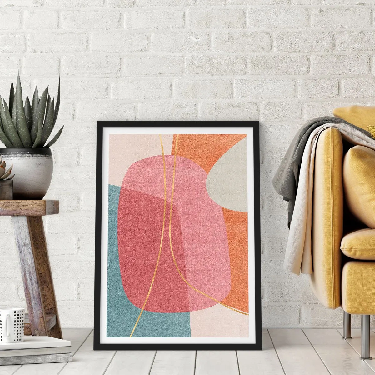 Poster in einem schwarzem Rahmen - Bunte Abstraktion mit geometrischen Formen und goldenen Linien - 50x70cm - Pastellkomposition mit Goldfaden - Moderne Wanddekoration für Wohnzimmer und Schlafzimmer ARTTOR