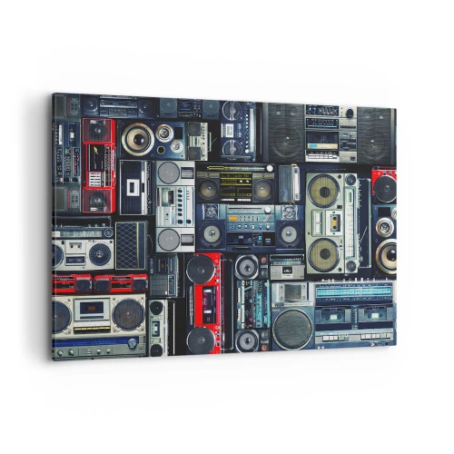 Bild auf Leinwand - Leinwandbild - Eine Collage aus Retro-Tonbandgeräten und Vintage-Lautsprechern. - 100x70cm - Sehnsucht nach den 1980er Jahren - Moderne Wanddekoration für Wohnzimmer und Schlafzimmer ARTTOR