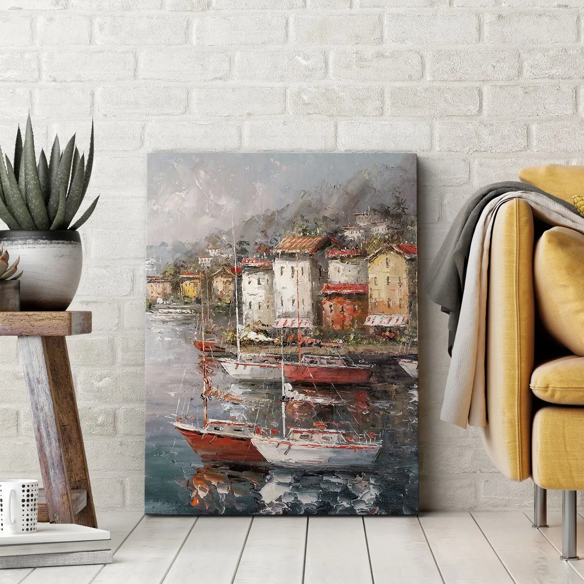 Bild auf Leinwand - Leinwandbild - Küstenlandschaft mit Booten und bunten Häusern - 70x100cm - Romantische Oase - Moderne Wanddekoration für Wohnzimmer und Schlafzimmer ARTTOR