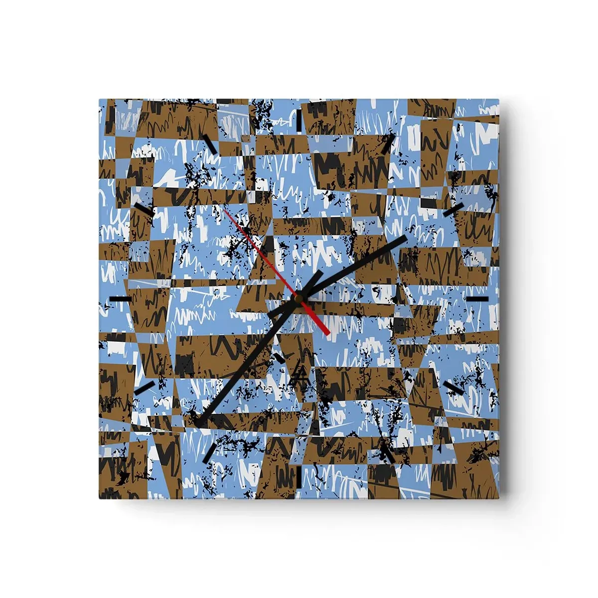 Wanduhr - Glasuhr - Eine abstrakte Komposition aus Rechtecken in Braun- und Blautönen. - 30x30cm - Ein nicht-menschlicher Ausschnitt - Moderne Wanddekoration für Wohnzimmer und Schlafzimmer ARTTOR
