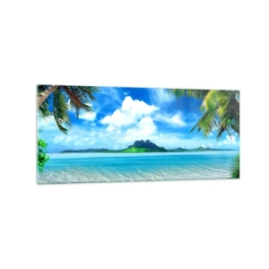 Glasbild - Bild auf glas - Tropischer Strand mit Palmen und Blick auf die Insel - 120x50cm - Das Azurblau der Tropen - Moderne Wanddekoration für Wohnzimmer und Schlafzimmer ARTTOR