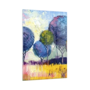 Glasbild - Bild auf glas - Bunte Bäume vor einem abstrakten Landschaftshintergrund - 50x70cm - Kugel - die Form des Ideals - Moderne Wanddekoration für Wohnzimmer und Schlafzimmer ARTTOR