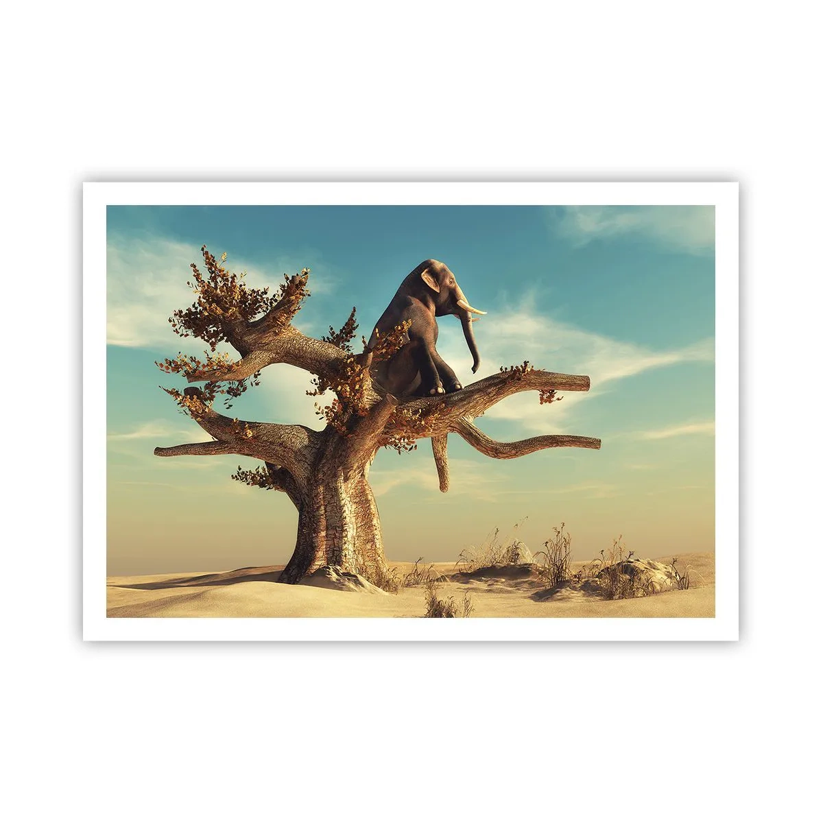 Poster - Ein Elefant sitzt auf einem Baum in einer surrealen Landschaft - 100x70cm - Ein neuer Standpunkt - Moderne Wanddekoration für Wohnzimmer und Schlafzimmer ARTTOR