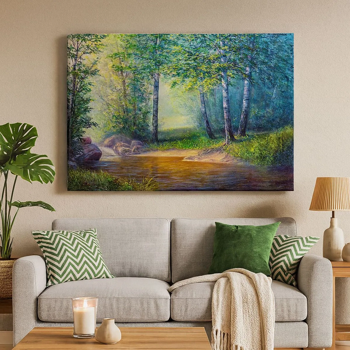 Bild auf Leinwand - Leinwandbild - Ein Waldbach, umgeben von Birken und Sonnenschein - 70x50cm - Idyllische Landschaft - Moderne Wanddekoration für Wohnzimmer und Schlafzimmer ARTTOR