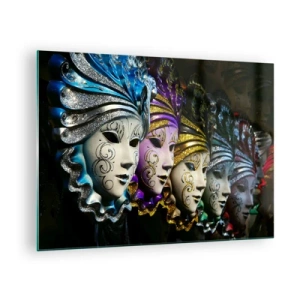 Glasbild - Bild auf glas - Bunte venezianische Masken in einer Reihe - 70x50cm - Geheimnis in Gold und Silber - Moderne Wanddekoration für Wohnzimmer und Schlafzimmer ARTTOR