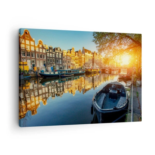 Bild auf Leinwand - Leinwandbild - Amsterdamer Kanal bei Sonnenuntergang - 70x50cm - Morgen in Amsterdam - Moderne Wanddekoration für Wohnzimmer und Schlafzimmer ARTTOR