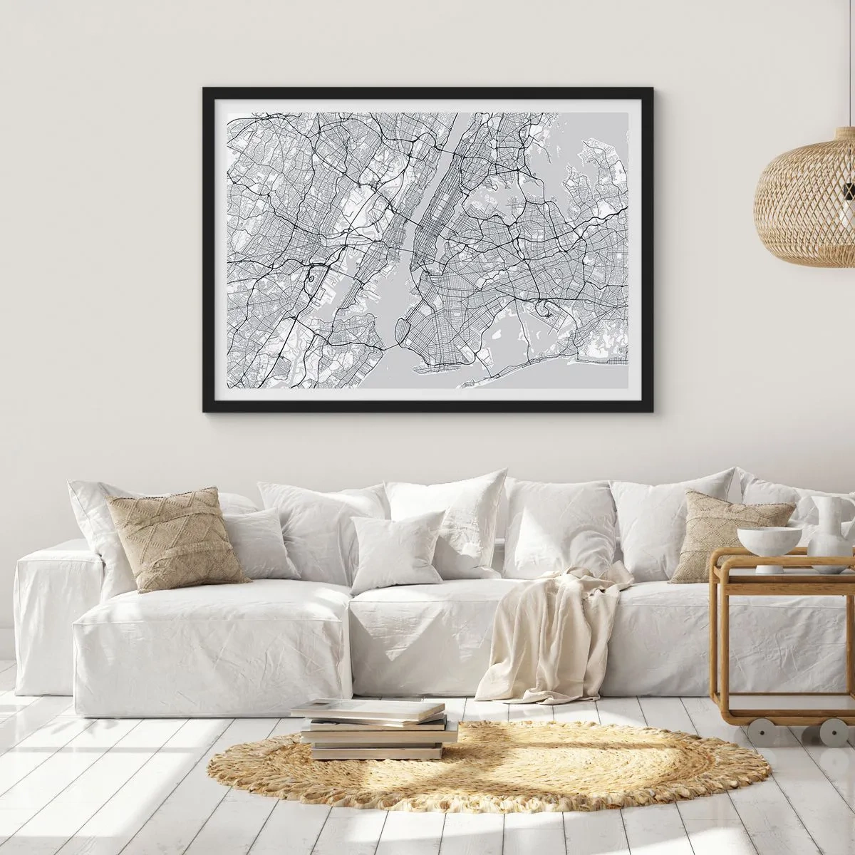 Poster in einem schwarzem Rahmen - Ein Stadtplan im minimalistischen Stil auf grauem Hintergrund - 70x50cm - Die Anatomie einer Metropole - Moderne Wanddekoration für Wohnzimmer und Schlafzimmer ARTTOR