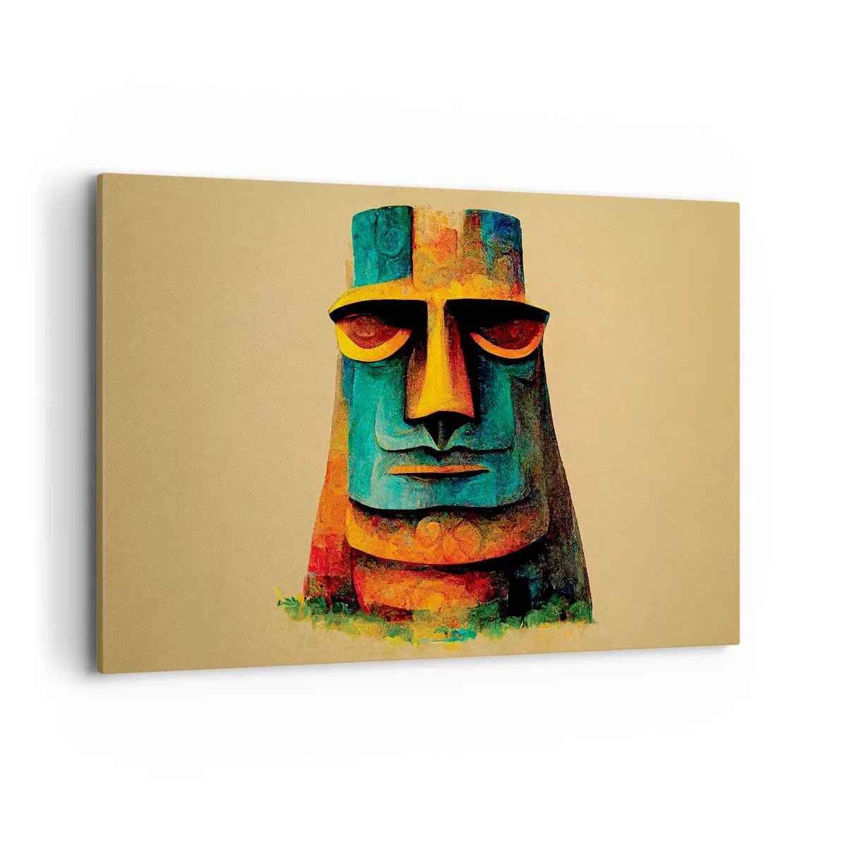 Bild auf Leinwand - Leinwandbild - Bunte Statue von der Osterinsel - 100x70cm - Statuenhaft und sympathisch - Moderne Wanddekoration für Wohnzimmer und Schlafzimmer ARTTOR
