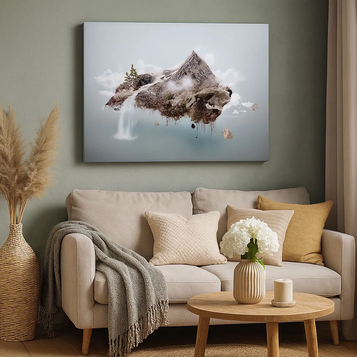 Bild auf Leinwand - Leinwandbild - Ein surrealer Berg, der in den Wolken schwebt, mit einem Wasserfall - 70x50cm - Mit dem Auge eines Surrealisten - Moderne Wanddekoration für Wohnzimmer und Schlafzimmer ARTTOR