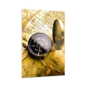 Glasbild - Bild auf glas - Eine goldene Karte mit Kompass als Abenteuer-Akzent - 50x70cm - Oder vielleicht bis ans Ende der Welt? - Moderne Wanddekoration für Wohnzimmer und Schlafzimmer ARTTOR