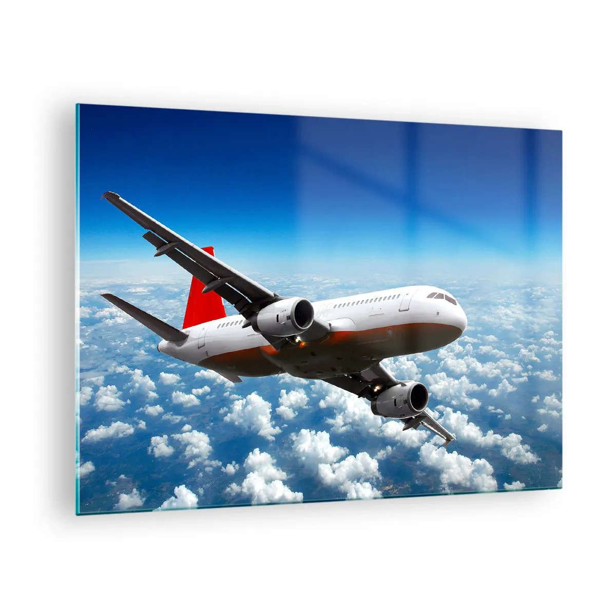 Glasbild - Bild auf glas - Ein Passagierflugzeug fliegt über den Wolken vor blauem Himmel - 70x50cm - Entferne dich von allem - Moderne Wanddekoration für Wohnzimmer und Schlafzimmer ARTTOR