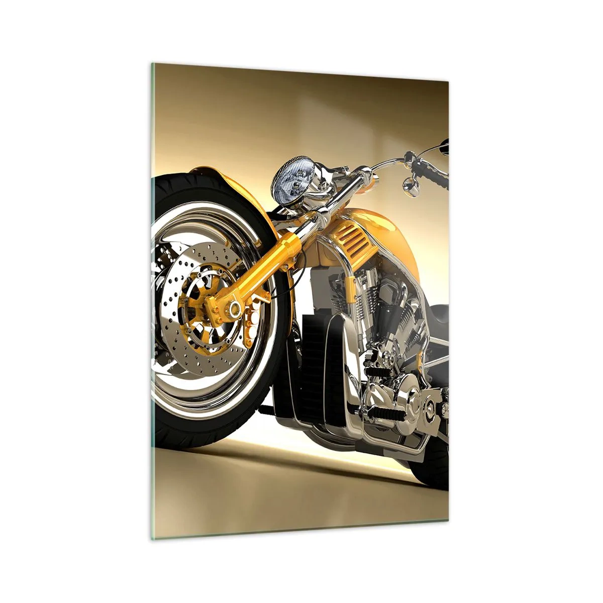 Glasbild - Bild auf glas - Ein goldenes Custom-Motorrad vor hellem Hintergrund - 50x70cm - Ein Traum von Kraft und Geschwindigkeit - Moderne Wanddekoration für Wohnzimmer und Schlafzimmer ARTTOR
