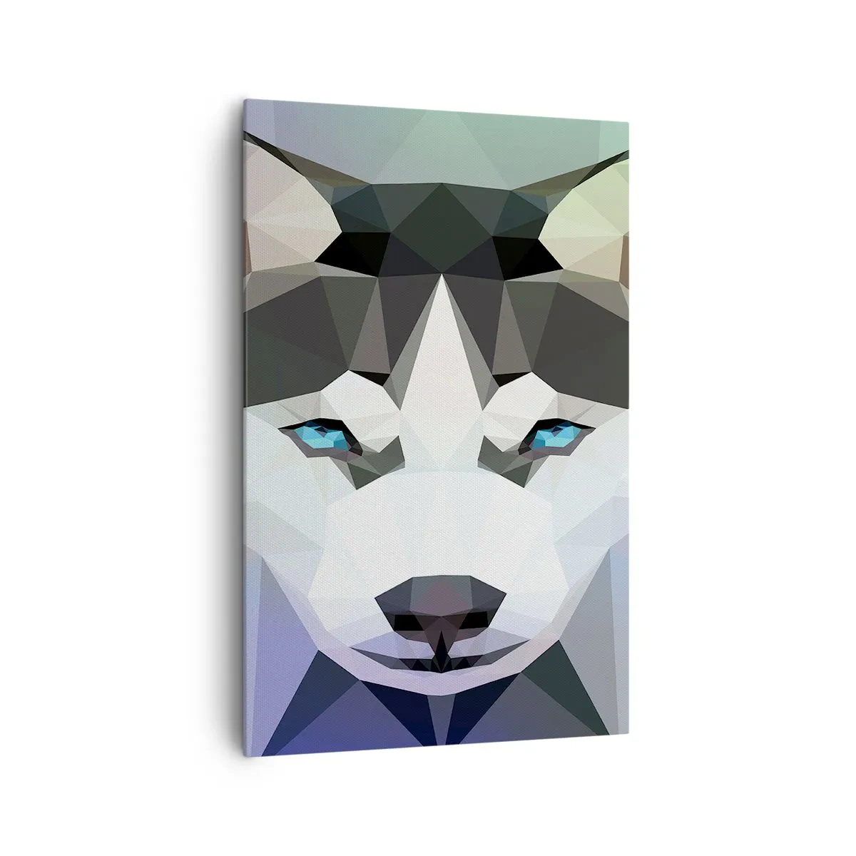 Bild auf Leinwand - Leinwandbild - Geometrischer Wolf mit ausdrucksstarken blauen Augen - 80x120cm - Die Erinnerung an den Schnee des Nordens - Moderne Wanddekoration für Wohnzimmer und Schlafzimmer ARTTOR