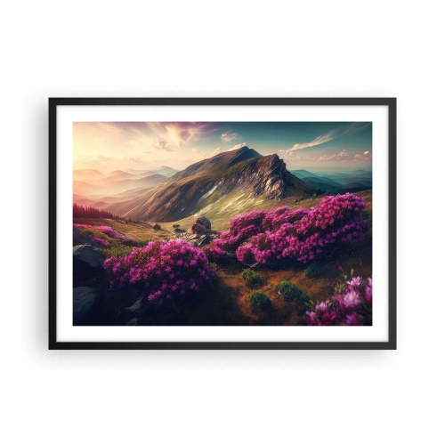 Poster in einem schwarzem Rahmen - Berglandschaft mit blühenden Rhododendren - 70x50cm - Sommer in den Bergen - Moderne Wanddekoration für Wohnzimmer und Schlafzimmer ARTTOR
