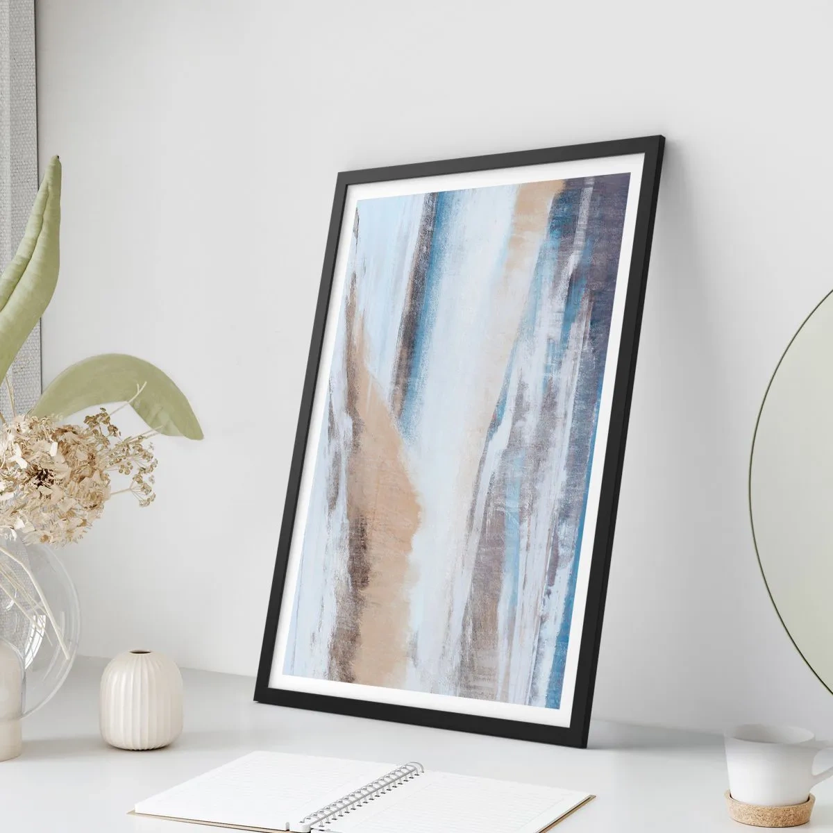 Poster in einem schwarzem Rahmen - Abstrakte Komposition in Blau- und Beigetönen - 50x70cm - Winterkomposition - Moderne Wanddekoration für Wohnzimmer und Schlafzimmer ARTTOR