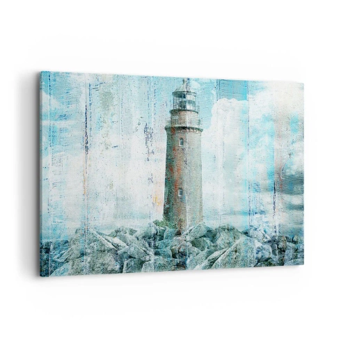 Bild auf Leinwand - Leinwandbild - Ein Leuchtturm an einer felsigen Küste in Pastellfarben - 120x80cm - Auf altem Holz - Moderne Wanddekoration für Wohnzimmer und Schlafzimmer ARTTOR
